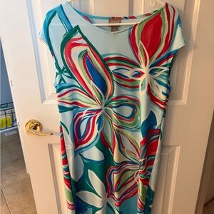 Chico's Light Aqua Floral Shift Dress with Red and Green Accents